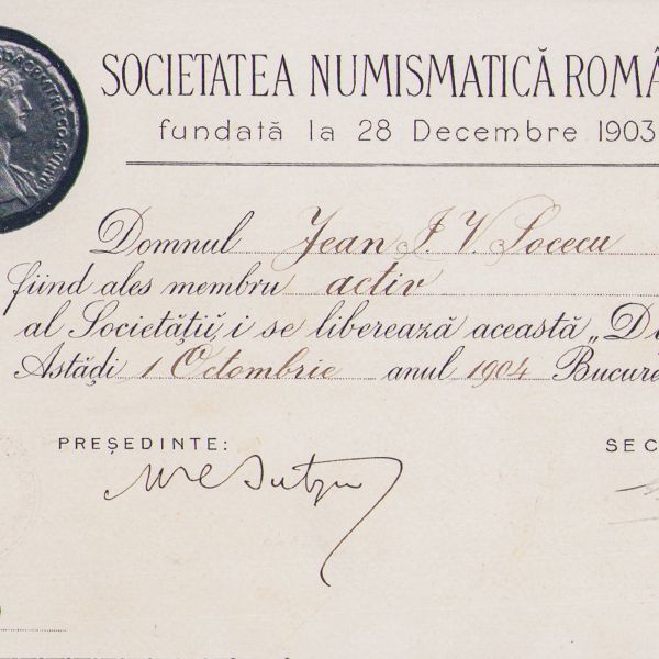Ioan I. V. Socec, diplomă de membru activ al Societății Numismatice Române, 1 octombrie 1904