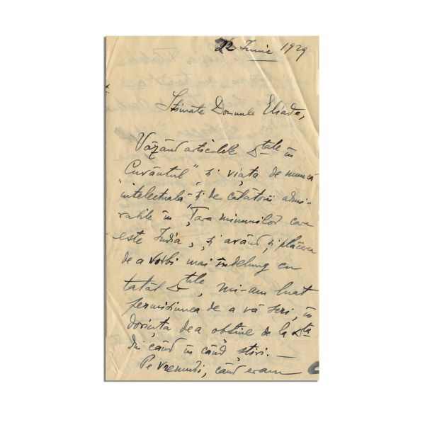 George Angelescu, scrisoare pentru Mircea Eliade, 22 iunie 1929