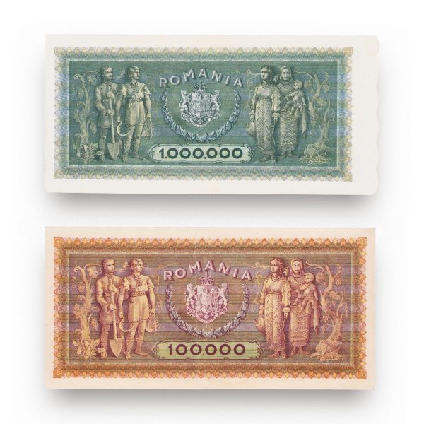 Două bancnote în valoare de 100.000 și 1.000.000 lei, 1947