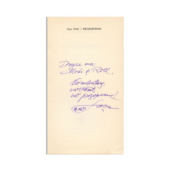 Sașa Pană, Prozopoeme, cu dedicație către soții Dinu, 1971