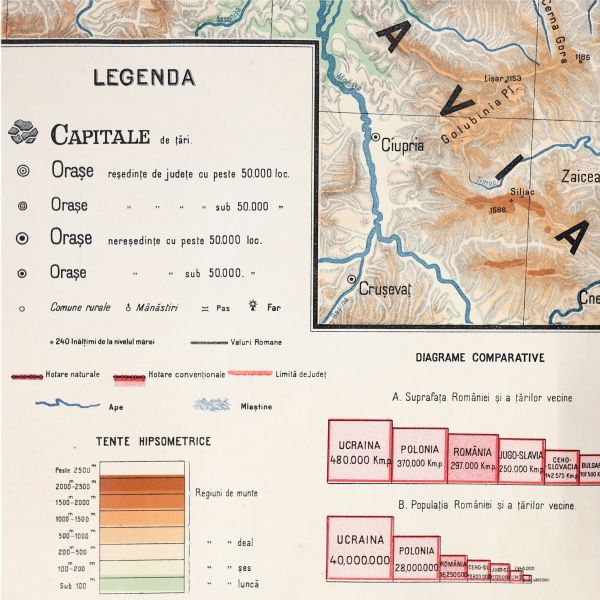 România, hartă fizică și politică de mari dimensiuni, 1923