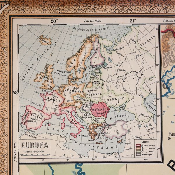 România, hartă fizică și politică de mari dimensiuni, 1923