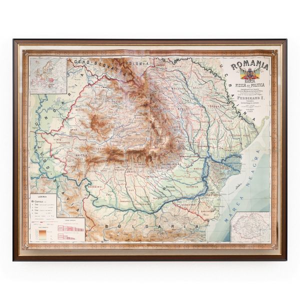 România, hartă fizică și politică de mari dimensiuni, 1923
