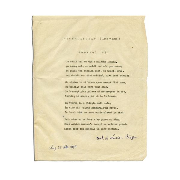 Lucian Blaga, două file cu traduceri din Shakespeare și Michelangelo, 1945, cu semnătură olografă