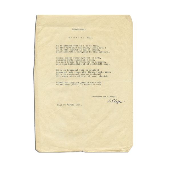 Lucian Blaga, două file cu traduceri din Shakespeare și Michelangelo, 1945, cu semnătură olografă