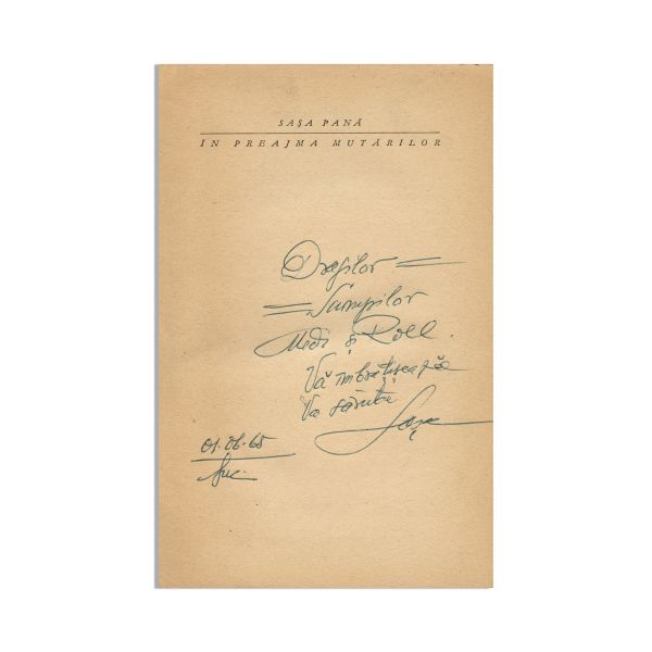 Sașa Pană, În preajma mutărilor, cu dedicație pentru soții Dinu