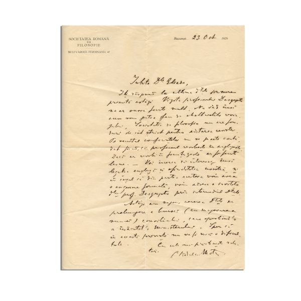 Constantin Rădulescu-Motru, scrisoare pentru Mircea Eliade, 23 octombrie 1929