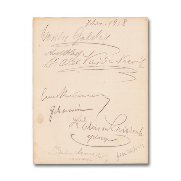 Delegația Unirii din Ardeal, 7 decembrie 1918, meniu cu semnăturile lui V. Goldiș, Al. Vaida-Voevod, M. Cristea, I. Hossu, C. Brediceanu 