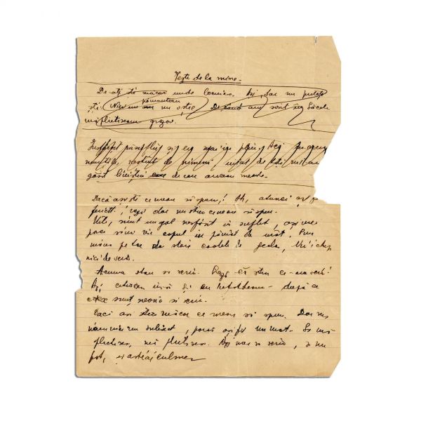 Mircea Eliade, „Vești de la mine”, filă manuscris literar