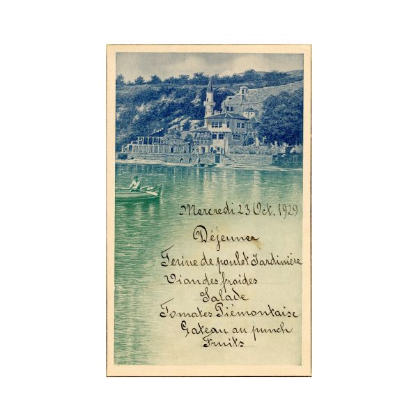 Meniul unui dejun la Castelul Reginei Maria a României din Balcic, 1929