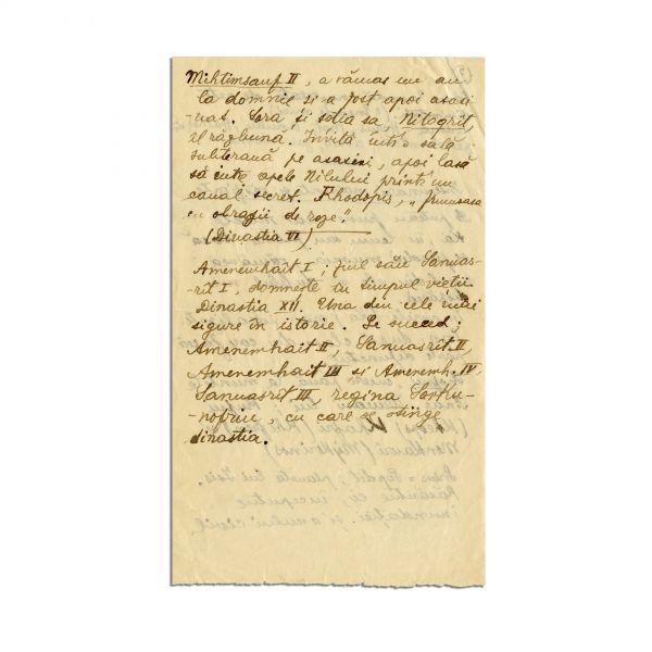 Mircea Eliade, „Egiptul înainte de istorie; zeii și dinastiile divine”, 4 pagini manuscris 