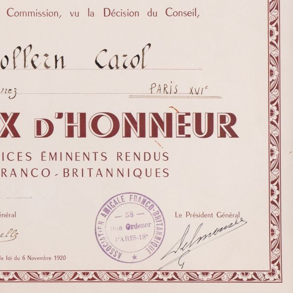 Principele Carol al II-lea, Diploma Crucii de Onoare oferită de Asociația Amicală Franco-Britanică
