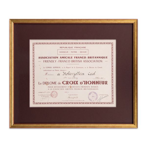 Principele Carol al II-lea, Diploma Crucii de Onoare oferită de Asociația Amicală Franco-Britanică