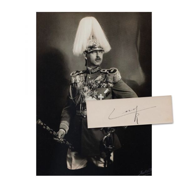 Regele Carol al II-lea, reproducere fotografică + bilet cu semnătură + cifru 