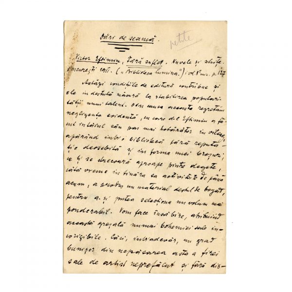 Ilarie Chendi, manuscris, „Fără suflet” de Victor Eftimiu, „Feciorul și alte nuvele” Radu Baltag,  „Așa i-a fost scris” de Ion Chiru-Nanov