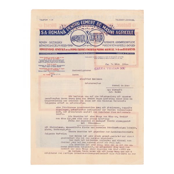 Două scrisori referitoare la comerțul cu mașini și automobile din România, 1940 