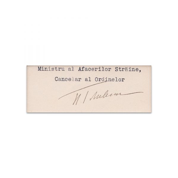 Nicolae Titulescu, Ministru al Afacerilor Străine, fotografie de mari dimensiuni + bilet cu semnătură, cca. 1935 