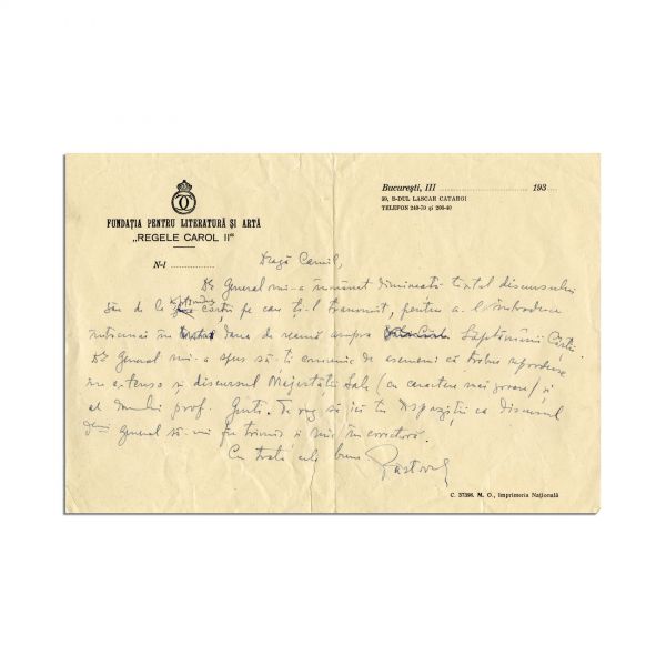 Păstorel Teodoreanu, scrisoare pentru Camil Petrescu, cca. 1930