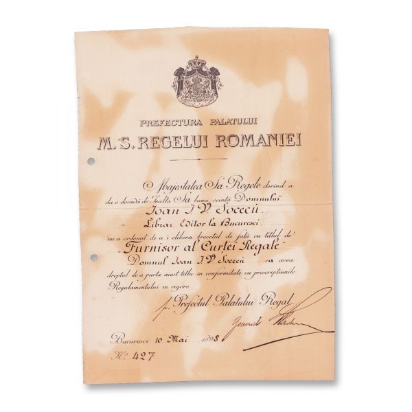Ioan I. V. Socec, brevet prin care este numit „Furnizor al Curții Regale”, 10 mai 1898 