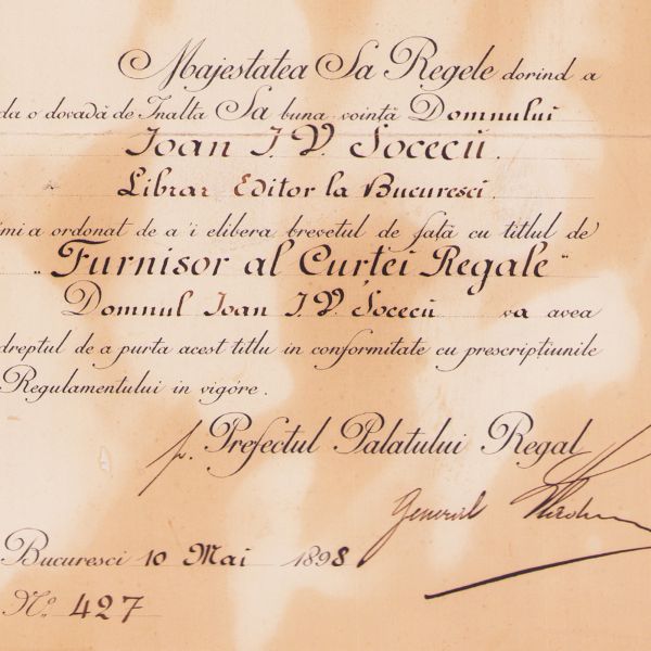 Ioan I. V. Socec, brevet prin care este numit „Furnizor al Curții Regale”, 10 mai 1898 