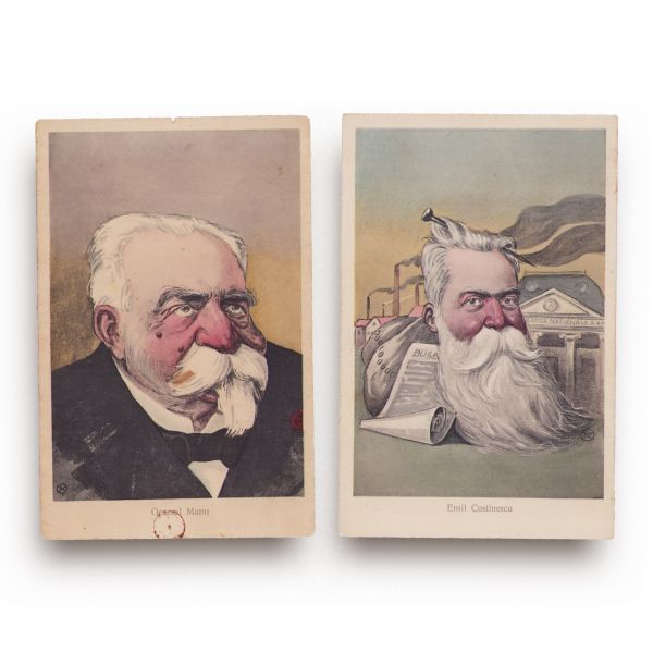 Nicolae Petrescu-Găină, colecție de 6 cărți poștale caricaturale, General Manu, M. Pherechidi, Gr. Gr. Cantacuzino, Emil Costinescu, V. G. Morțun, Ion Lahovari
