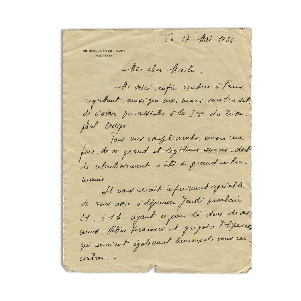George Enescu, scrisoare din partea Micăi Salabert cu ocazia premierei „Oedipe”, 1936