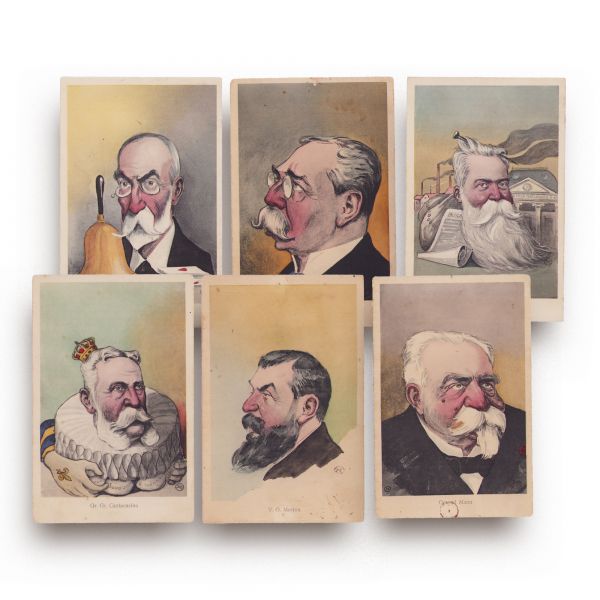 Nicolae Petrescu-Găină, colecție de 6 cărți poștale caricaturale, General Manu, M. Pherechidi, Gr. Gr. Cantacuzino, Emil Costinescu, V. G. Morțun, Ion Lahovari