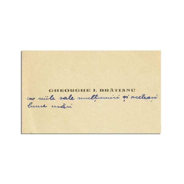 Gheorghe Brătianu, carte de vizită cu o însemnare olografă