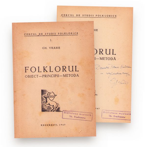 Gh. Vrabie, Folklorul. Obiect, principii, metodă, 1947, cu dedicație pentru Tiberiu Brediceanu