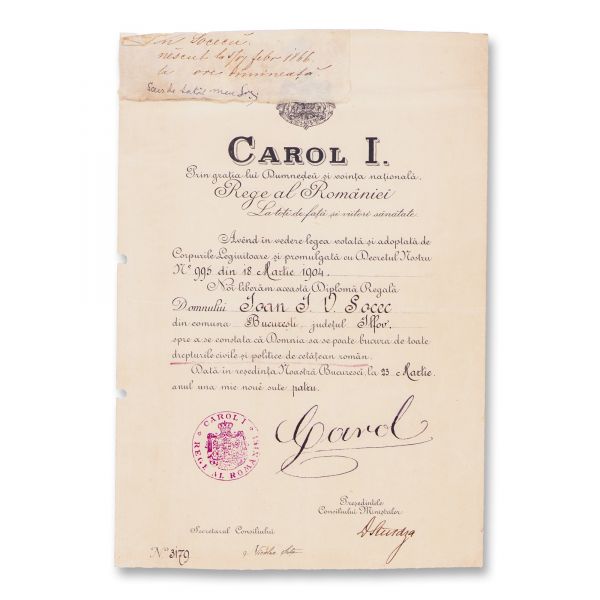 Ioan I. V. Socec, două certificate privind împământenirea, cu semnătura olografă a regelui Carol I și a primarului Constantin F. Robescu 