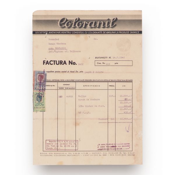 Trei facturi pentru comerțul cu coloniale, bumbăcărie și coloranți chimici, 1880-1942 