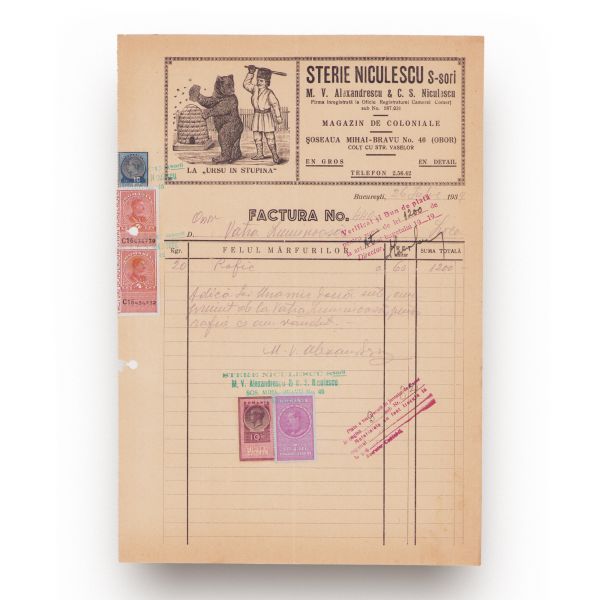 Trei facturi pentru comerțul cu coloniale, bumbăcărie și coloranți chimici, 1880-1942 