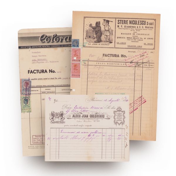 Trei facturi pentru comerțul cu coloniale, bumbăcărie și coloranți chimici, 1880-1942 