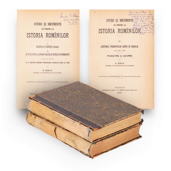Nicolae Iorga, Studii și documente cu privire la istoria românilor, volumele I și IV cu dedicație pentru N. Petrașcu