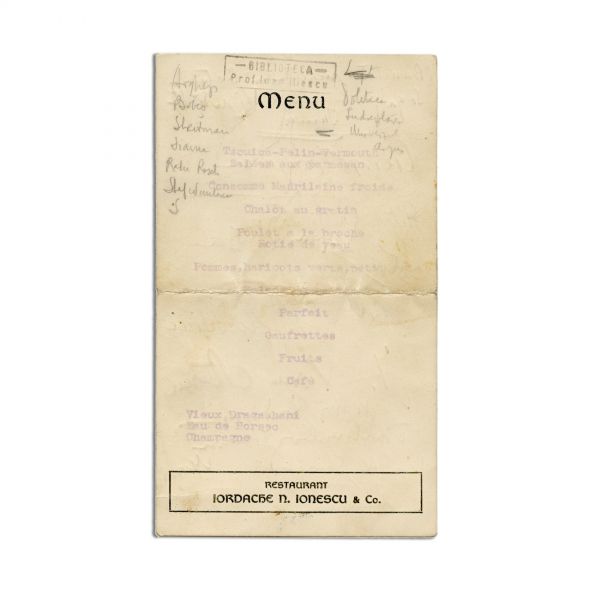 Meniul unui banchet, cu semnătura lui Al. O. Teodoreanu, Ion Vinea, C. Ressu, Oscar Han, Ion Minulescu, Jean Al. Steriadi