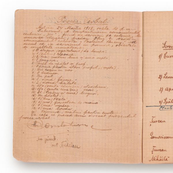 Asociația „Cercetașii României”, caiet cu serviciile zilnice și procesele verbale de predare a Serviciilor, 1918
