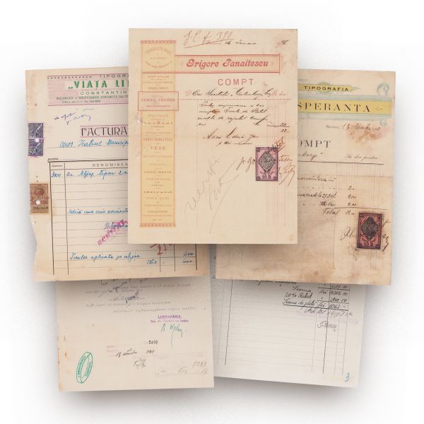 Colecție de cinci facturi emise de tipografiile „Grigore Panaitescu”, „Speranța”, „Viața Literară”, „Luceafărul”, 1900-1944