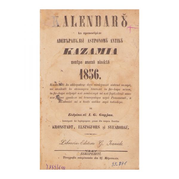 I. G. Gorjan, Kalendarul pe anul 1856, colligat cu Calendaru popular al adevăratului astrolog Kazamia 1858