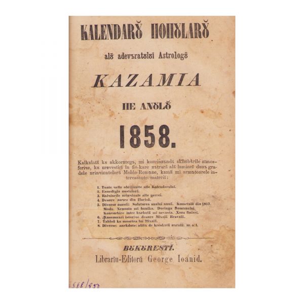 I. G. Gorjan, Kalendarul pe anul 1856, colligat cu Calendaru popular al adevăratului astrolog Kazamia 1858