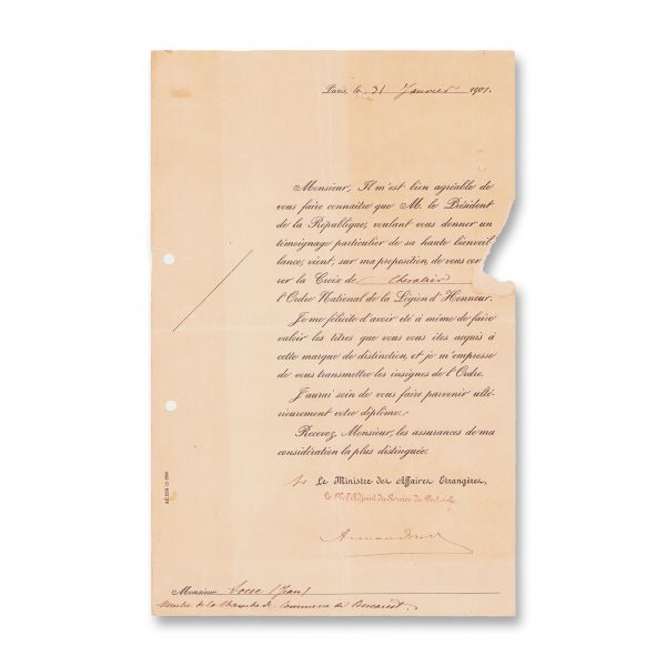 Ioan I. V. Socec, 4 adrese privind numirea ca membru în cadrul ordinelor Legiunea de Onoare, Coroana României și în funcția de consul al Suediei la București, 1897-1907