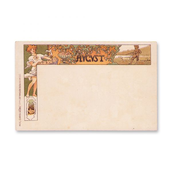 August - Carte poștală Art Nouveau, litografie policromă, cca. 1900