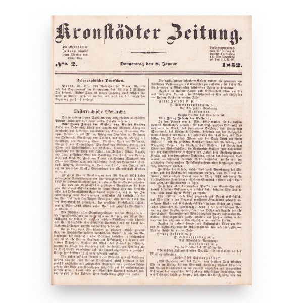 Publicația „Kronstädter Zeitung” - Ziarul Brașovului, 1852