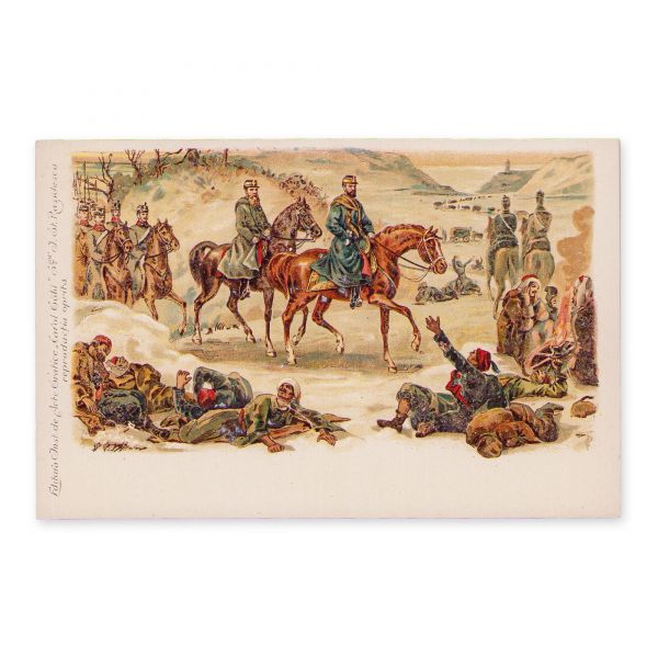 Domnitorul Carol pe câmpul de luptă, carte poștală litografiată, 1898