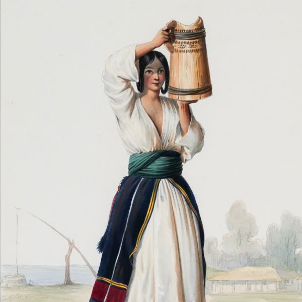 Tânără cu putină din Valahia, litografie colorată manual, gravor Michel Bouquet