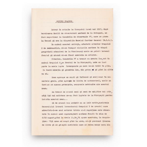 Constantin Nicolau, File relative la contribuția aeronauticii române în Primul Război Mondial, manuscris dactilografiat, cu semnătură olografă