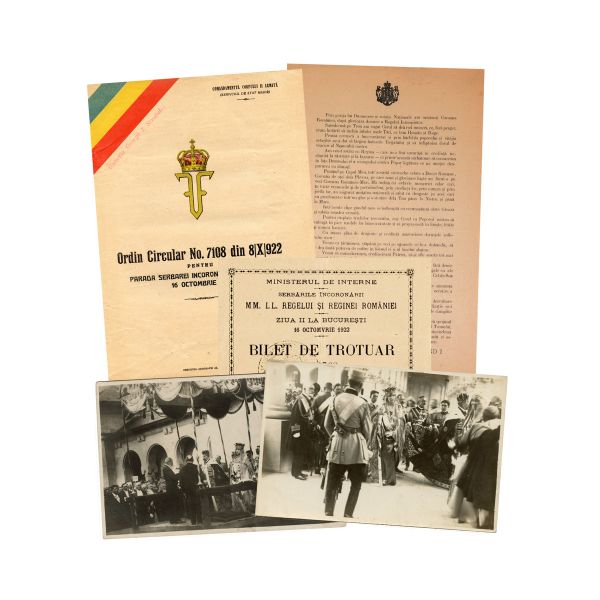 Încoronarea regelui Ferdinand I și a reginei Maria, ordin circular + discurs + bilet de trotuar + două fotografii tip carte poștală