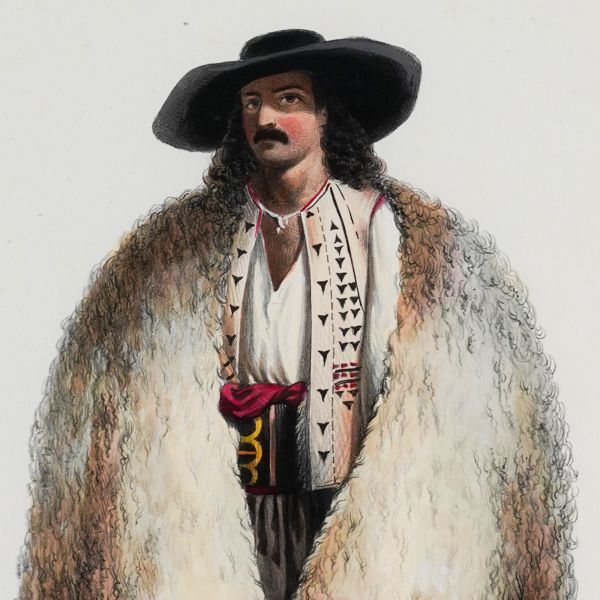 Țăran de la munte - Câmpulung, litografie colorată manual, gravor Michel Bouquet