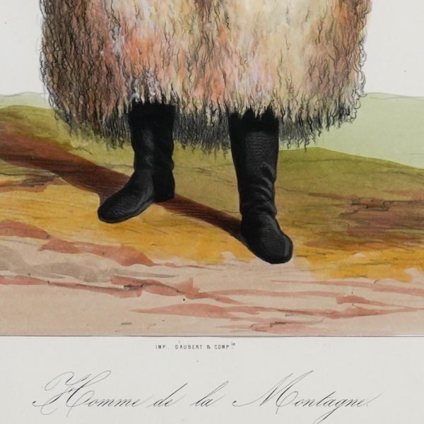 Țăran de la munte - Câmpulung, litografie colorată manual, gravor Michel Bouquet