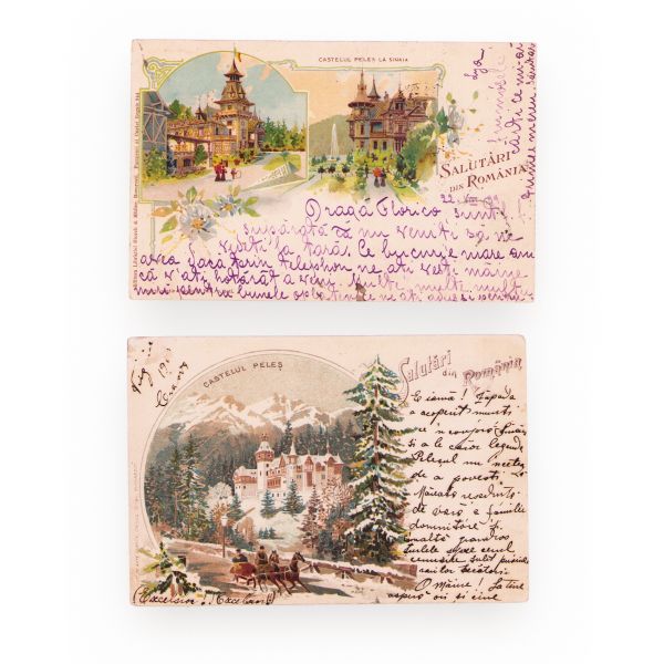 Castelul Peleș, două cărți poștale ilustrate din seria Salutări din România, 1899-1900