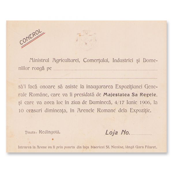 Inaugurarea Expoziției Generale Române din 1906, invitație + bilet de intrare